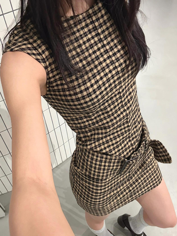 Linen Dress Wrap - Robe-veste amincissante à carreaux coréens rétro
